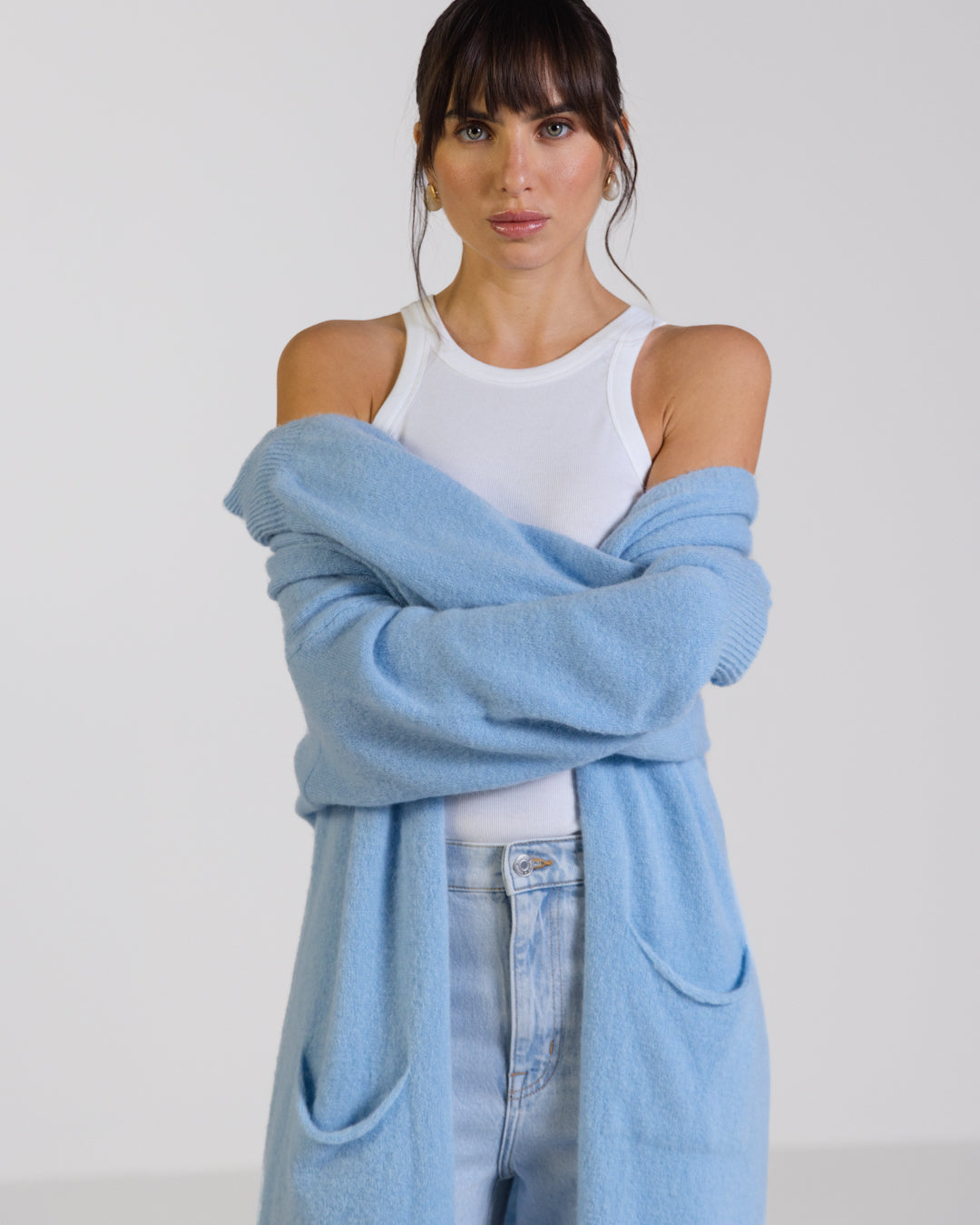 Light Blue Long Cardigan for Women in Soft Baby Alpaca Blend with Balloon Sleeves and Pockets 0